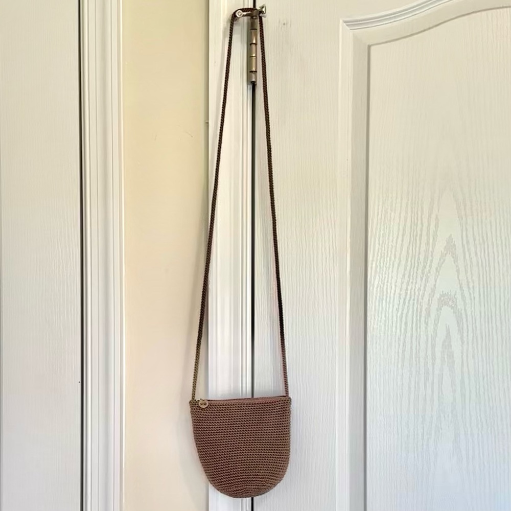 The Sak Taupe Mini Crochet Knit Crossbody Bag